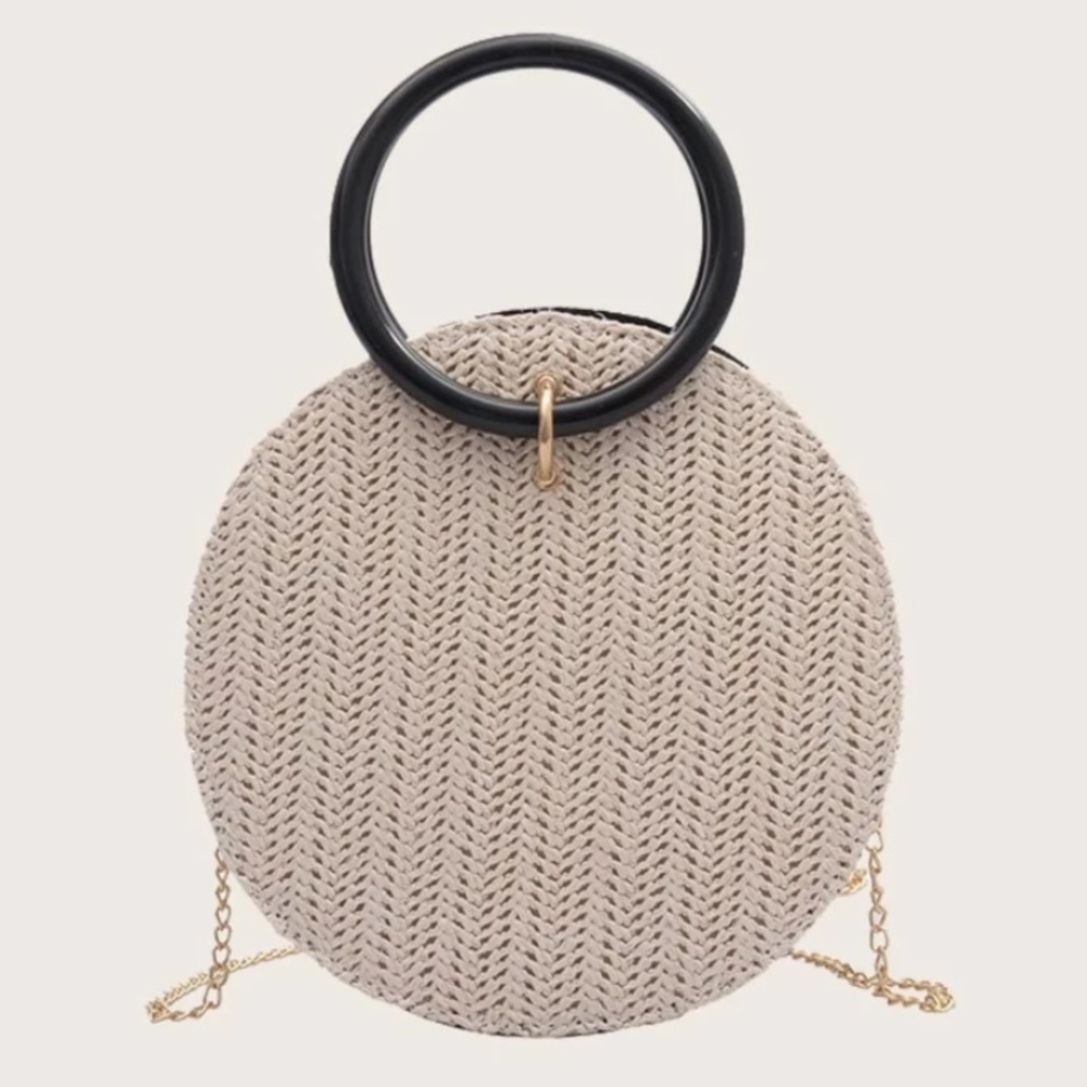 Beige Round Shaped Woven Crossbody Bag